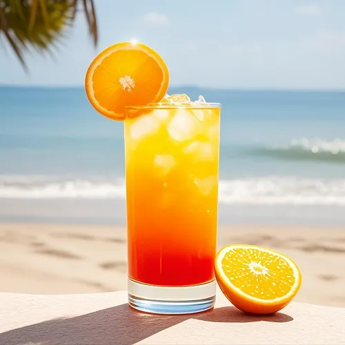 Vibrant Tequila Sunrise cocktail with layered orange-red gradient, garnished with orange slice.